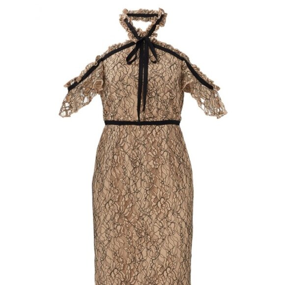 SHOSHANNA Nude Aleah Lace Cold Shoulder Dress 2 Beige Black Tie Bow - Picture 7 of 7